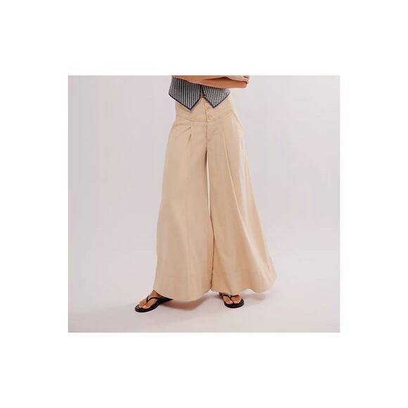 Free People Maxed Out Wide-Leg Trousers Pants Mid-Rise Pleated Beige M-8 282253 - Picture 1 of 9